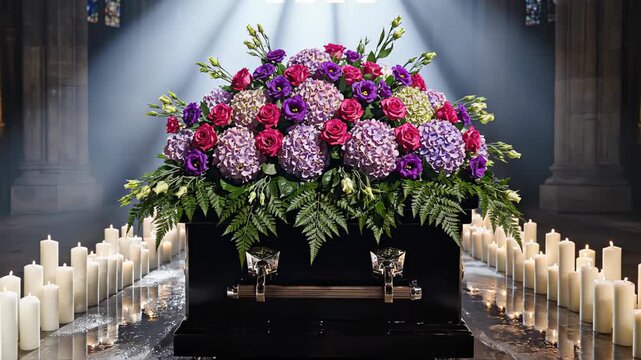Polished black casket crowned with purple hydrangeas, pink roses and violet lisianthus, candles line the aisle under streaming cathedral light and gentle haze, somber funeral atmosphere