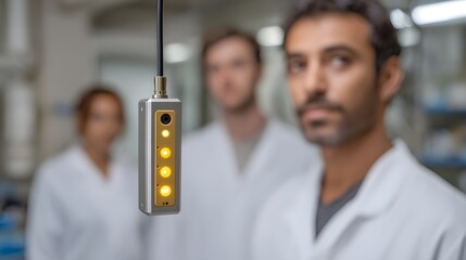 Modern scientific device with illuminated indicators and blurred researchers in a laboratory setting