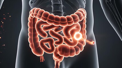 Anatomical illustration of human digestive system showing progressive action of nutrient absorption and energy release in glowing intestines