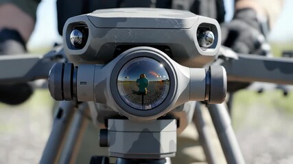 Close view of a camouflaged military reconnaissance drone as gloved hands wipe the gimbal lens, ready for launch under daylight, sharp optics and sensors, concept of modern warfare technology