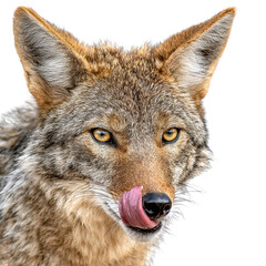 Fototapeta premium PNG of A close-up of a coyote licking its nose, showcasing its sharp gaze and wild fur.