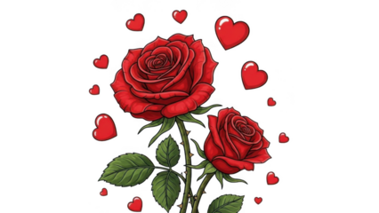 Red rose with hearts isolated on transparent background