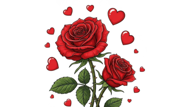 Red rose with hearts isolated on transparent background - Powered by Adobe