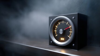 Retro industrial gauge with digital readout  950  against a dramatic smoky background
