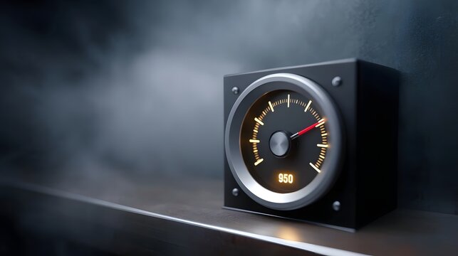Retro industrial gauge with digital readout 950 against a dramatic smoky background - Powered by Adobe