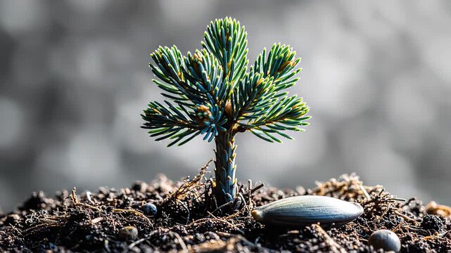 New sapling emerging from rich soil with visible roots and surrounding pebbles showcasing growth and vitality in a natural environment. fir tree of the pine family