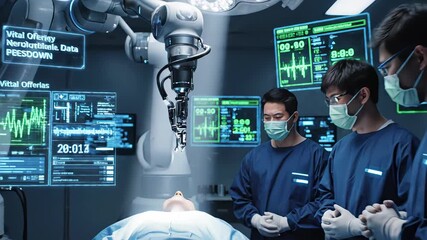 Surgical team observing robotic arm performing precise operation on patient with advanced monitoring technology and vital data displays in the background - Powered by Adobe