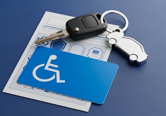 Disabled parking permit blue badge close-up with modern car key and keyring, symbolizing independence, driving freedom, insurance policy, mobility accessibility rights, ideal for automotive