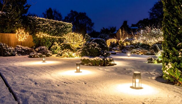 Evening view of a snow-covered garden illuminated by decorative lights, featuring various bushes and a residential house in the background