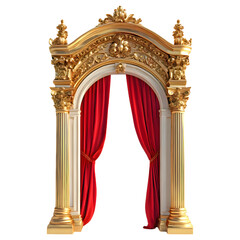 Luxurious gold archway with red curtains on black background