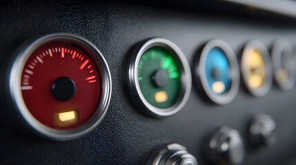 Close up of a vintage automotive dashboard with colorful illuminated gauges and indicators
