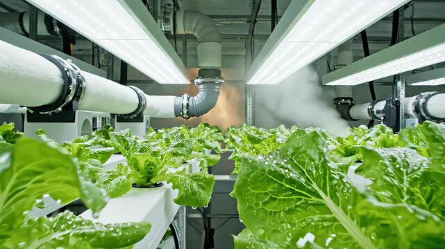 Hydroponic lettuce growth in indoor farm with illuminated shelves and misting system enhancing plant health and vibrant green foliage. indoor micro-gardening concept
