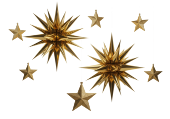 Polished golden multi-pointed and five-pointed stars, suspended by invisible strings, floating weightlessly against a transparent studio background with copy space, illuminated by soft, warm