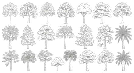 Diverse tree illustrations, black and white line art, detailed oak, pine, palm, isolated on white background with copy space, technical drawing style for architectural design concept