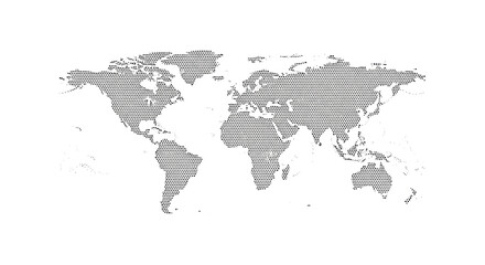 Fototapeta premium Minimalist world map formed from uniform black dots outlining continents with a stippling effect, crisp on a pristine transparent background with ample copy space, bright shadowless lighting,