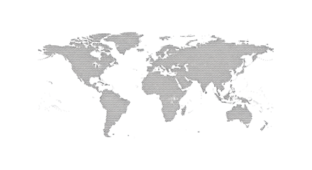Minimalist world map formed from uniform black dots outlining continents with a stippling effect, crisp on a pristine transparent background with ample copy space, bright shadowless lighting,