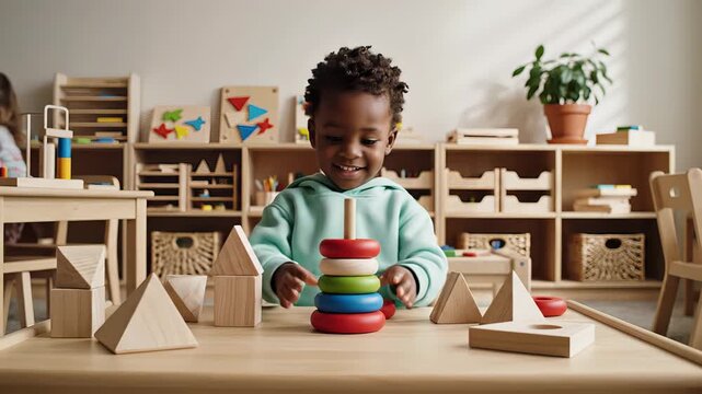 Smiling child putting colorful rings at table in Montessori classroom with geometric blocks, targeted learning and motor skills development, developmental therapy concept for autism and neurodiversity