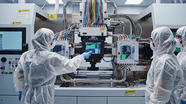 Engineers in cleanroom suits operate a semiconductor lithography tool with wafer loading and monitors in a sterile lab, bright white lighting, concept of nanotechnology for microchips and processors