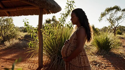 Pregnant woman standing under thatched roof, gently cradling her belly while observing the natural landscape, showcasing maternal connection and serenity