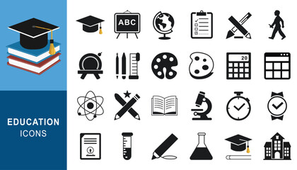 A clean black vector school and education icon set designed for web, media, and digital communication