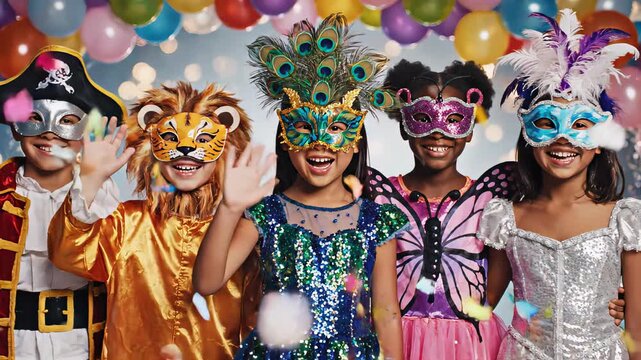 Group of children in colorful costumes and masks celebrating carnival with confetti, joyful expressions and vibrant decorations creating a festive atmosphere