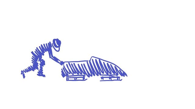 Horizontal 4K video. Cartoon loop animation. Line art doodle bobsledder blue man jumps into bobsled and rides down white snow mountain. Concept of winter extreme sports competition, win, bobsleigh