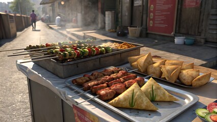A street food vendor offers a variety of grilled meats and snacks