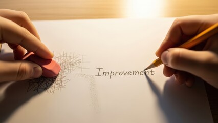 Hands holding pencil and eraser on paper with scribbles and the word 'Improvement'