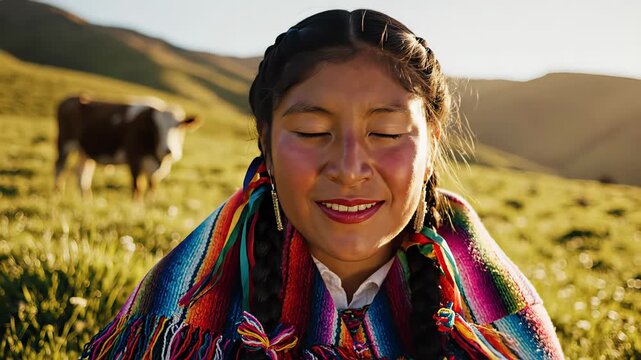 Smiling woman with braided hair wears multicolored andean textile in a sunlit highland meadow, cow softly blurred behind, warm golden light, concept of cultural heritage and rural resilience
