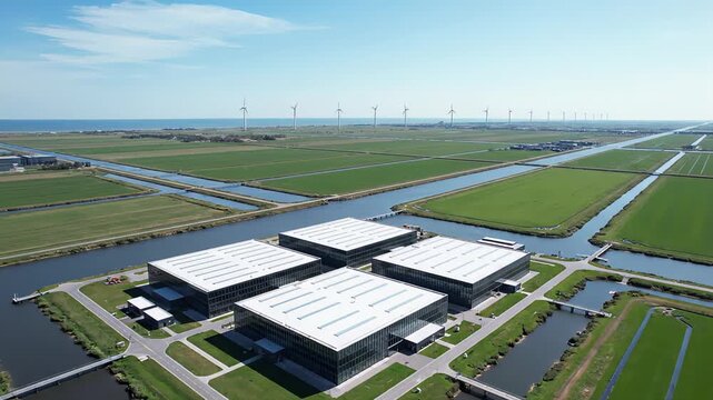 Aerial of coastal data center campus amid polder canals and wind farm, white-roofed modular halls by service roads, sea horizon under clear sky, concept of sustainable cloud infrastructure