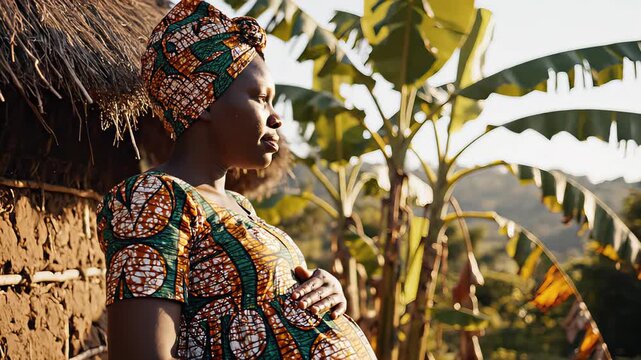 Sunlit pregnant woman in vibrant ankara print dress and headwrap stands beside a thatched hut, banana palms and rolling hills in warm golden light, concept of rural african village life