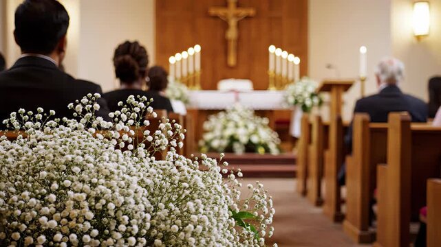 A family in black attends church funeral, flowers in foreground an altar cross and candles in tbackground, warm light and soft bokeh quiet prayers and memories somber atmosphere of family remembrance.