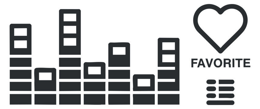 A sound equalizer graphic with a heart favorite icon in minimalist black and white vector style, ideal for music apps and digital media design