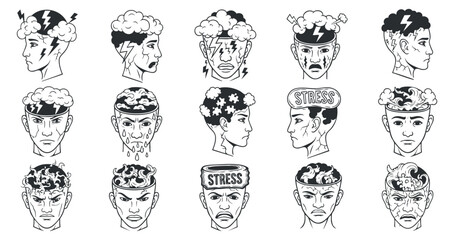 A collection of stress emotion icons featuring diverse male heads expressing various feelings in black and white vector style, ideal for mental health awareness projects