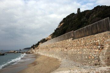 Stunning serene relaxing sandy beach with waves, travel themes.