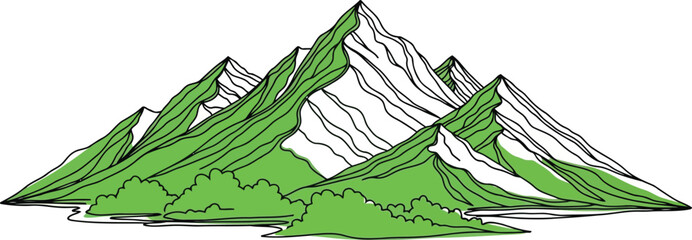 Stunning green mountain landscape with snow capped peaks