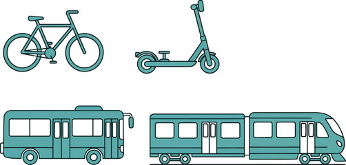 Teal colored bicycle, scooter, bus and train transportation icons