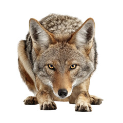 Obraz premium PNG of A close-up of a crouching grey coyote with piercing golden eyes.