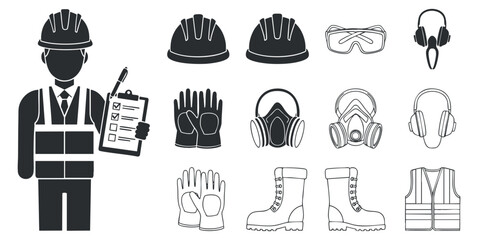 A construction worker holding a clipboard with safety gear icons including helmets, gloves, and boots in black and white vector style, ideal for industry safety graphics