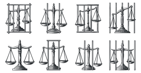 A collection of eight vintage scales of justice illustrations in detailed black and white vector style, ideal for legal branding and educational projects