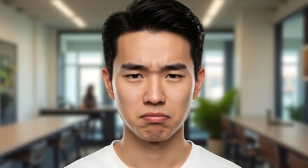 Young Asian man with a concerned expression in a modern office.