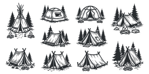 A collection of camping tents and campfire scenes in black and white outline vector style, perfect for outdoor and adventure themes