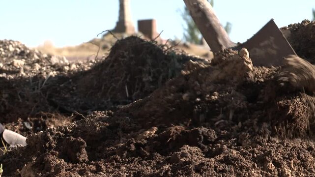 Close up of a gravedigger using a shovel to move soil. The man is filling a grave with earth in a cemetery with tombstones in the background.

