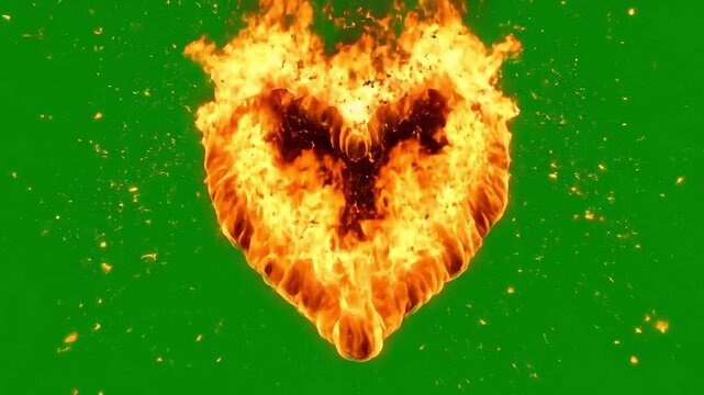 Burning heart shape formed by raging fire flames on green screen background symbolizing intense passion hot love and energy for dramatic romantic video overlays