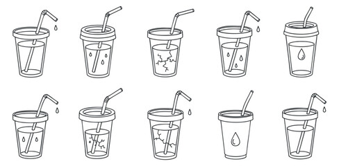A set of twelve outline vector illustrations of drink cups with straws, showcasing various states of water level and design, suitable for food and beverage branding
