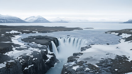 Stunning aerial view of a vast, glacial waterfall in an arctic landscape, framed by snow-capped mountains and icy waters. Ideal for travel, nature documentaries, environmental campaigns,