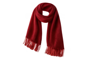 Red wool fringed scarf presenting warm winter fashion accessory with comfortable texture on transparent background