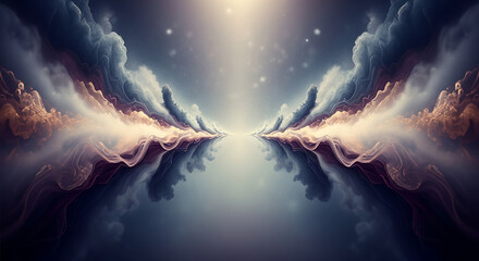 Symmetrical cloudscape with reflections creating a pathway to a distant light source