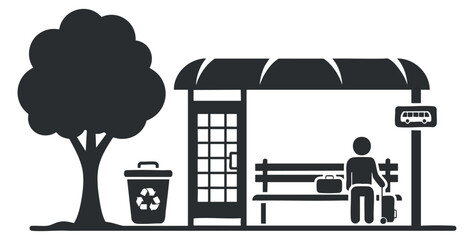 A bus stop shelter with a person waiting and a recycling bin, in black and white minimalist vector style, suitable for urban transportation designs