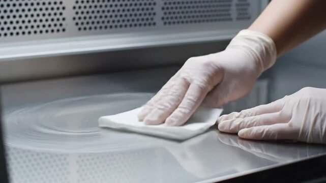 Close-up shot of a hand, in protective white glove, cleaning a working surface in a laminar flow cabinet with cleanroom cloths.